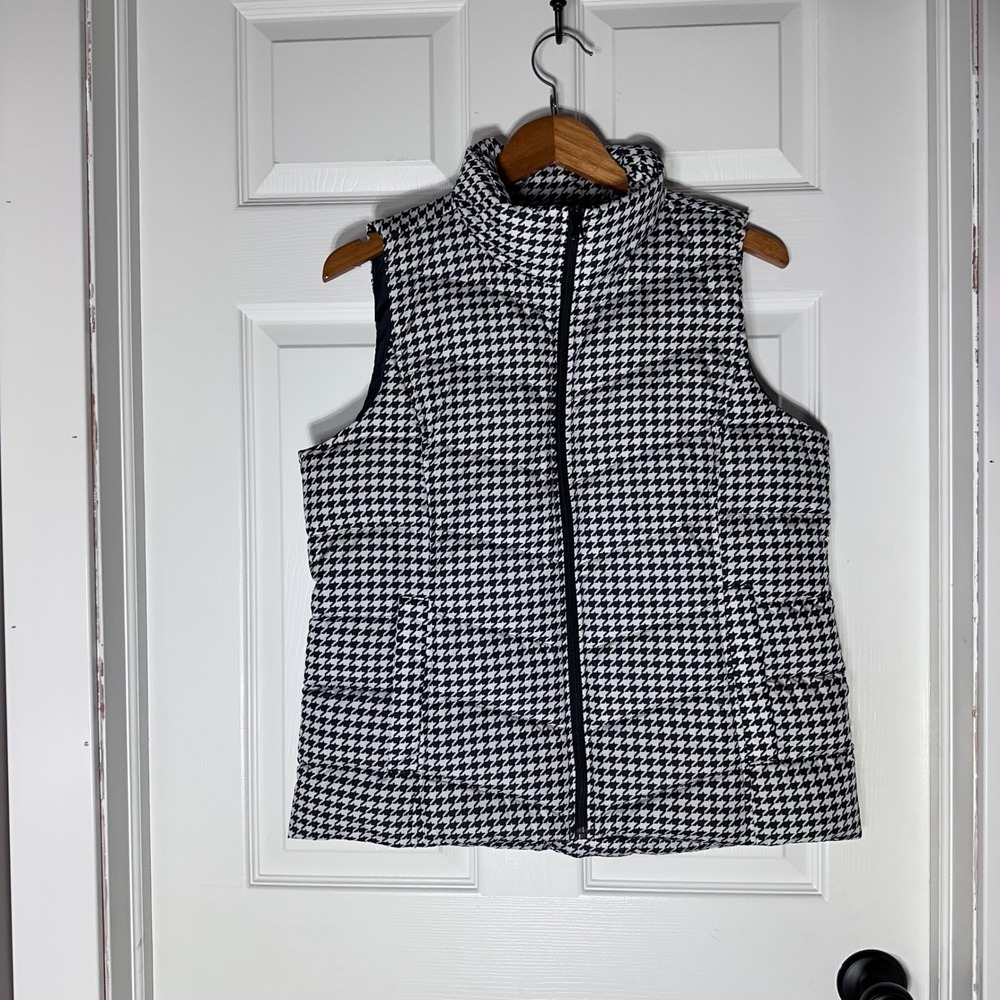 Lands End‎ Puffer Vest Houndstooth Black White Zip Up Quilted Womens Size M